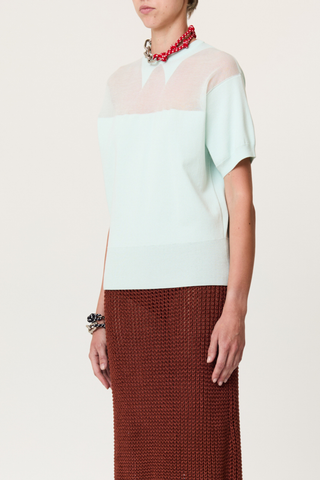 side profile model wearing Intarsia Crew Neck Top powder blue intarrsia crew neck knit
Short sleeves
Ribbed hem