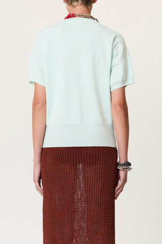 back profile model wearing Intarsia Crew Neck Top powder blue intarrsia crew neck knit
Short sleeves
Ribbed hem