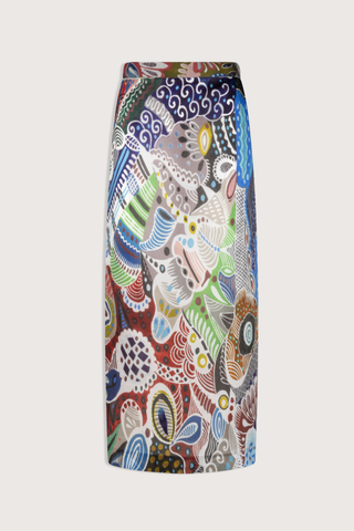 flat lay Irene Silk Organza Print Skirt multi color Midi pencil skirt
Printed satin-faced silk organza
Wide waistband
Back vent for ease of movement