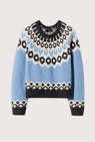flat lay Isaline Fair Isle Sweater iceberg blue Long sleeve
Crewneck pullover
Chunky weight
Fair isle jaquard pattern
Relaxed fit
Regular body and sleeve length
Raglan armhole
Rib at hem, cuff and neck trim
100% Cashmere