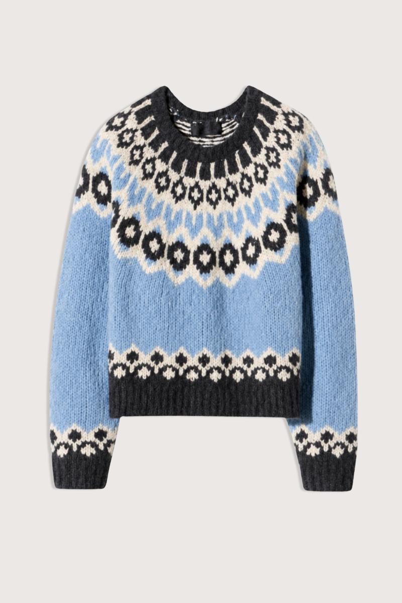 flat lay Isaline Fair Isle Sweater iceberg blue Long sleeve
Crewneck pullover
Chunky weight
Fair isle jaquard pattern
Relaxed fit
Regular body and sleeve length
Raglan armhole
Rib at hem, cuff and neck trim
100% Cashmere
