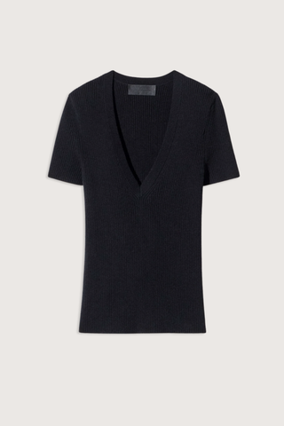 flat lay Italia Short Sleeve Top Black Deep v-neck
Rib knit
Fitted body
55%COTTON 45%SILK