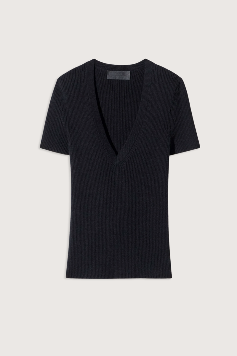flat lay Italia Short Sleeve Top Black Deep v-neck
Rib knit
Fitted body
55%COTTON 45%SILK