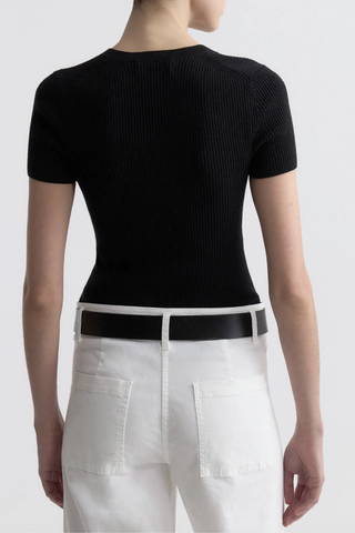 back profile model wearing  Italia Short Sleeve Top Black Deep v-neck
Rib knit
Fitted body
55%COTTON 45%SILK