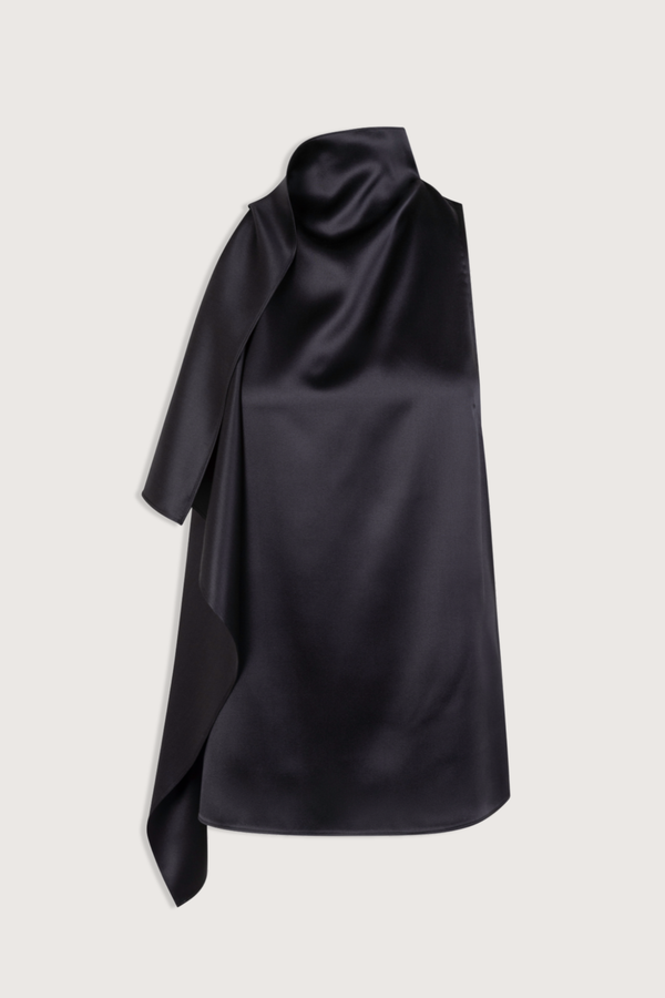 flat lay Ivy Double Face Satin Sleeveless With Side Panel black Asymmetrical draped
Double-face silk satin fabric
Squared cut fabric wraps from left to right
Drapes down at right shoulder
Elongated silhouette
Mock neck silk