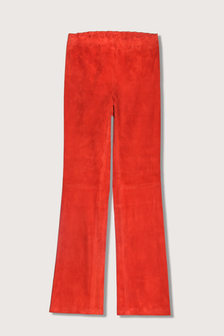 flat lay JP Twenty Suede Pant Ibis (Red) Slim fit to the knee Flared hem bottom legs Elastic mid-rise waist