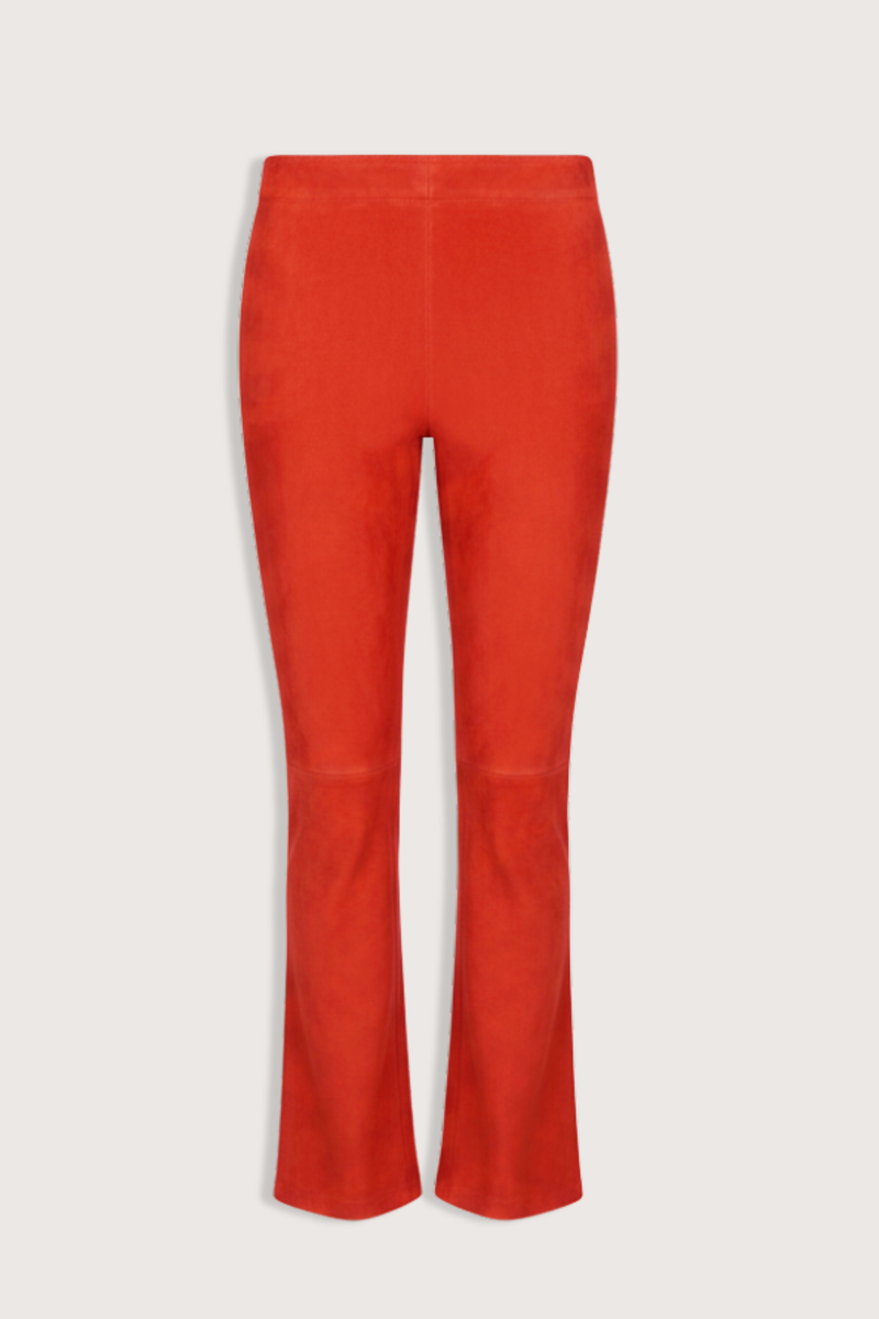 flat lay JP Twenty Suede Pant Ibis (Red) Slim fit to the knee Flared hem bottom legs Elastic mid-rise waist