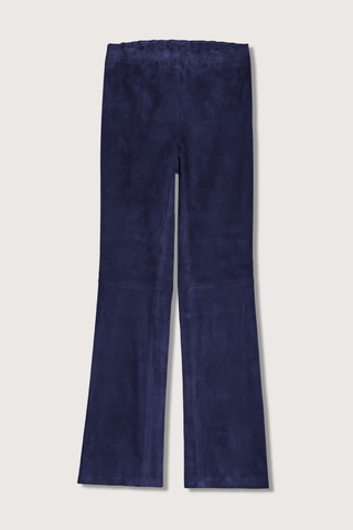 flat lay JP Twenty Suede Pant Notte navy Slim fit to the knee Flared hem bottom legs
Elastic mid-rise waist Back yoke