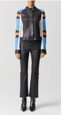 front profile model wearing JP Twenty Washable Leather Pant Noir kick flare elastic waist