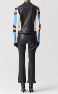 back profile model wearing JP Twenty Washable Leather Pant Noir kick flare elastic waist