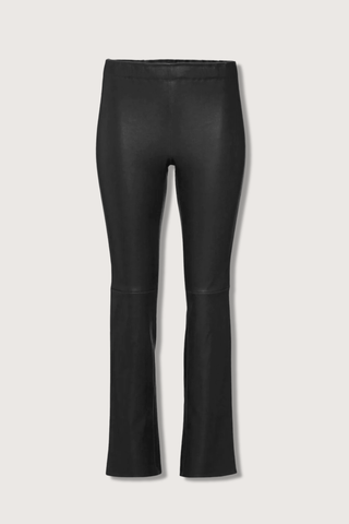 flat lay  JP Twenty Washable Leather Pant Noir kick flare elastic waist