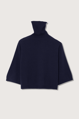 flat lay Jalila Sweater Dark Navy boxy fit cashmere wool turtleneck with half sleeves