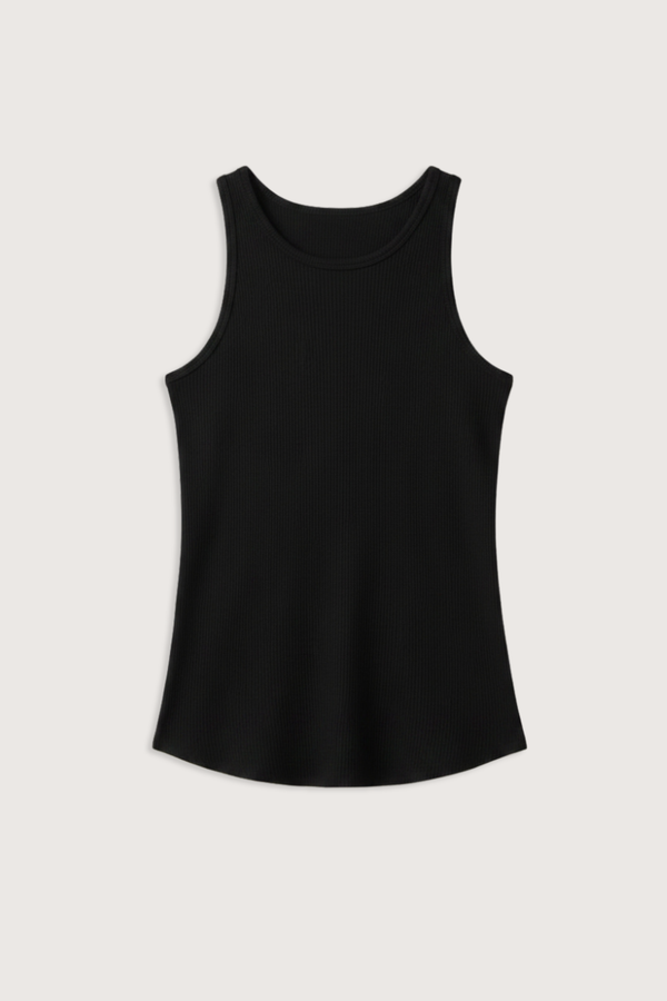flat lay Jameela Racerback Tank Black Fitted racerback tank
Brushed rib
