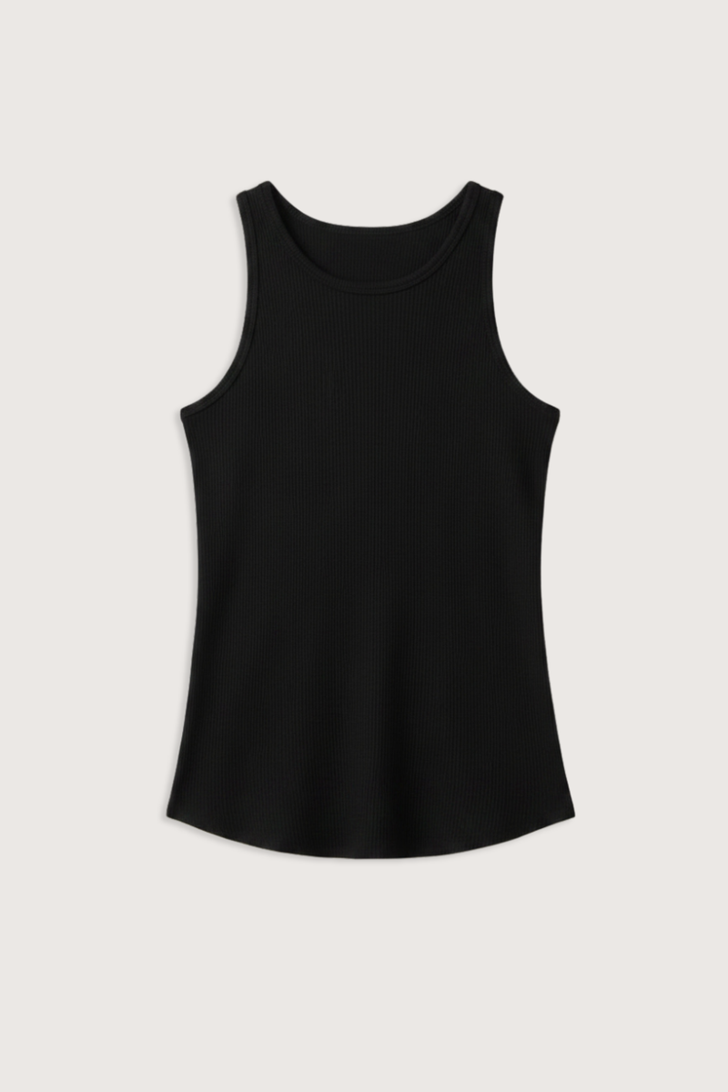 flat lay Jameela Racerback Tank Black Fitted racerback tank
Brushed rib
