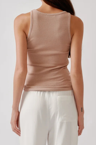 back profile model wearing Jameela Racerback Tank Dune Fitted racerback tank
Brushed rib