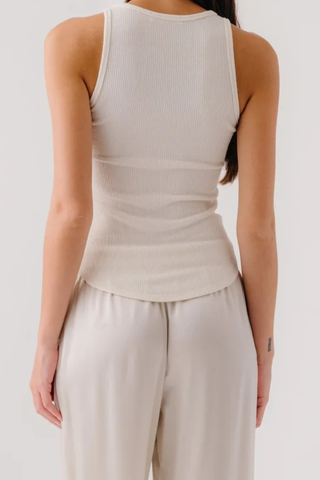 back profile model wearing  Jameela Racerback Tank Gardenia Fitted racerback tank
Brushed rib