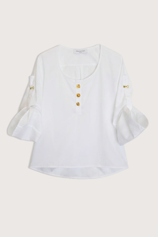 flat lay Janey Scoop Neck Top white with gold buttons foldable sleeves