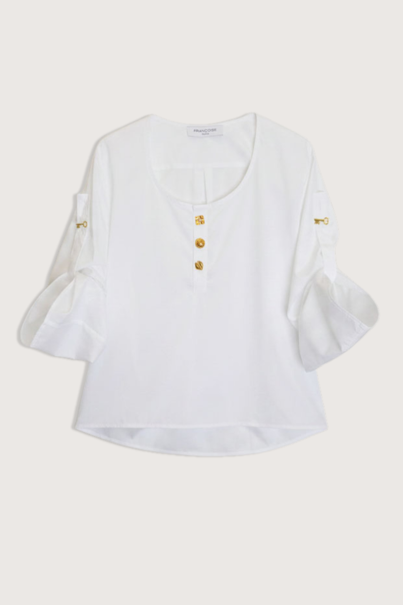flat lay Janey Scoop Neck Top white with gold buttons foldable sleeves