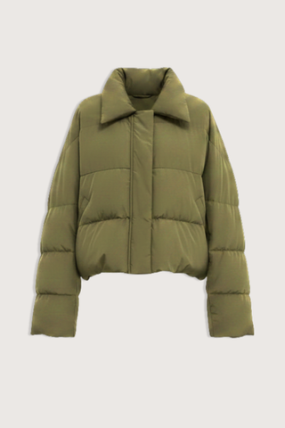 flat lay Jani Puffer Jacket Olive Cropped signature down jacket
Soft water-repellent nylon
Oversized silhouette
Voluminous sleeves
Statement collar
Concealed snap buttons
Zip closure
Adjustable drawcord hem
100% Nylon