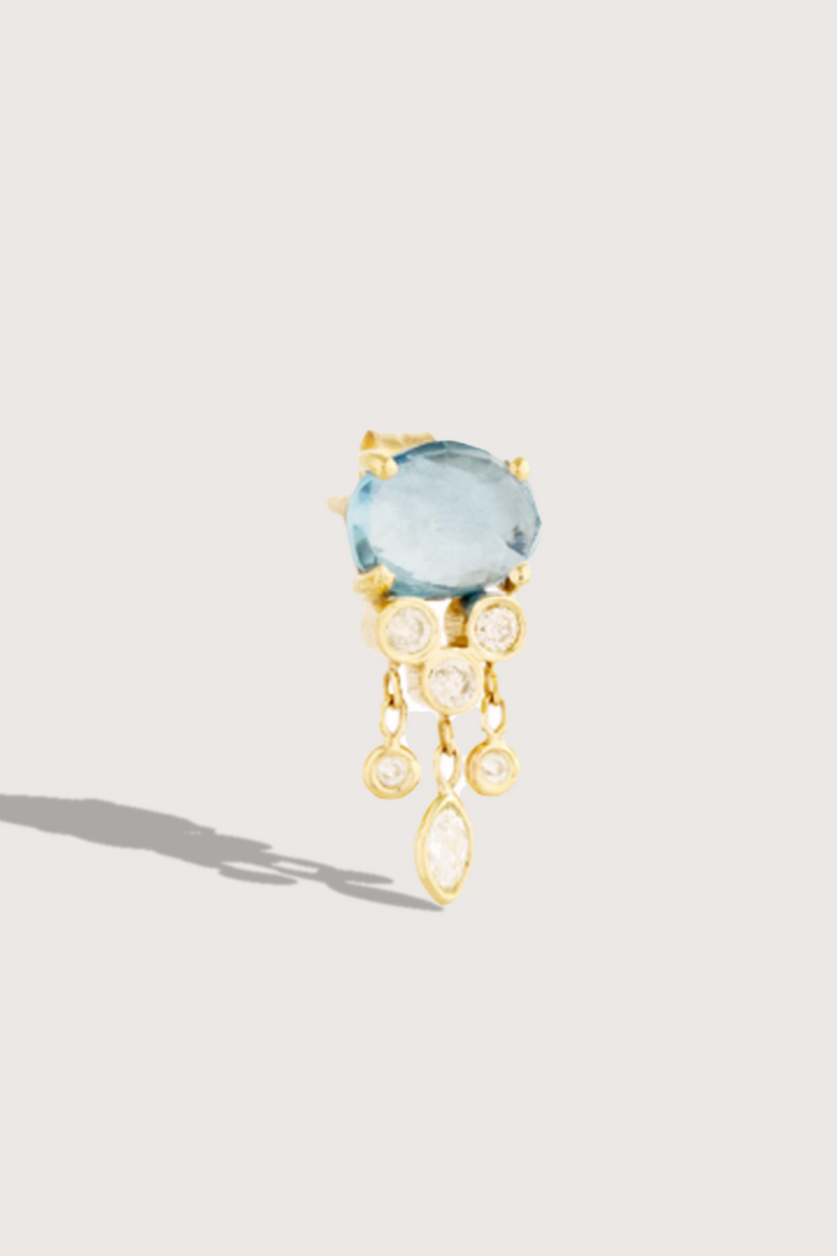 flat lay Jelly Fish  Aquamarine & Diamonds Single Earring dangle detail 14k gold