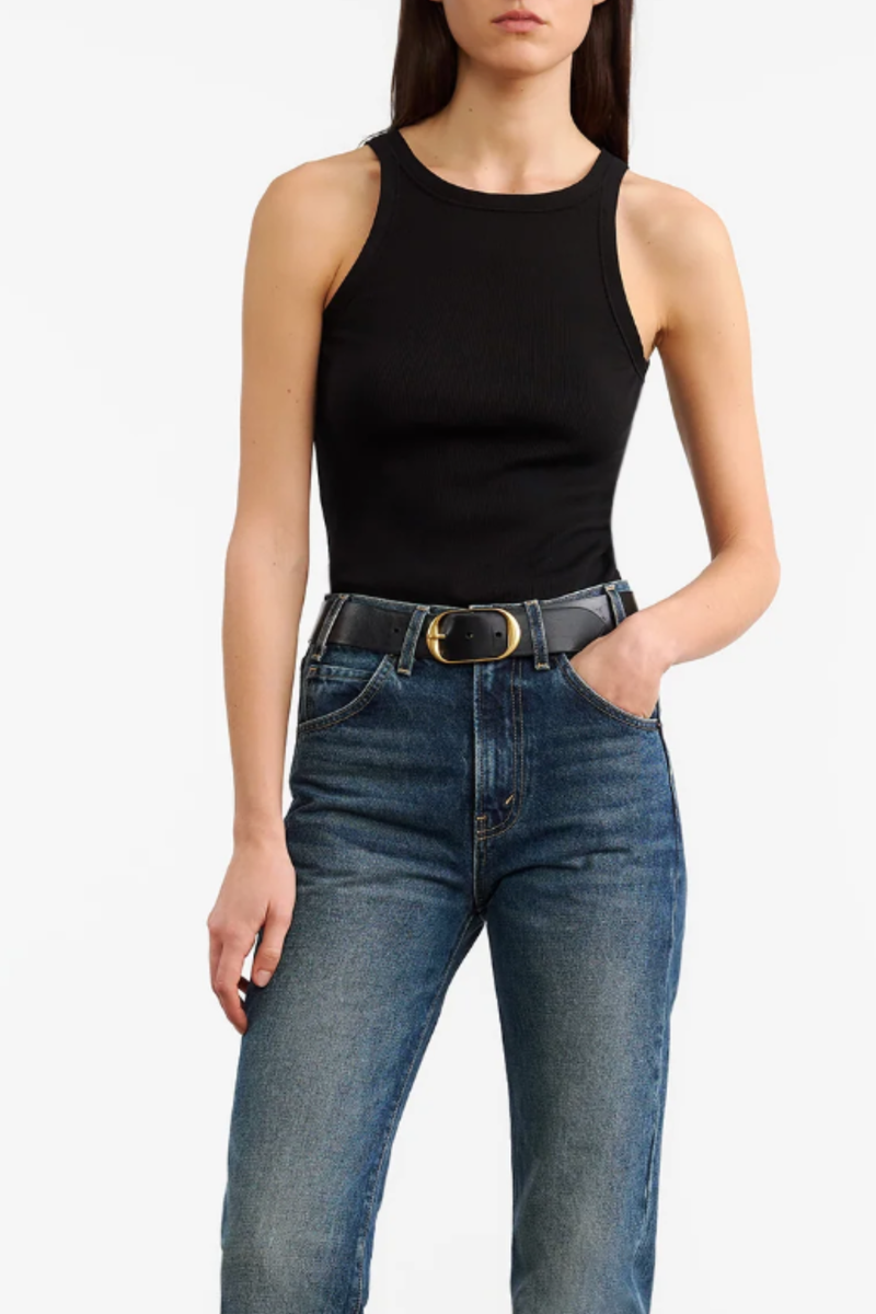 front profile model wearing Jennifer Tank Black cotton Slim fit rib tank