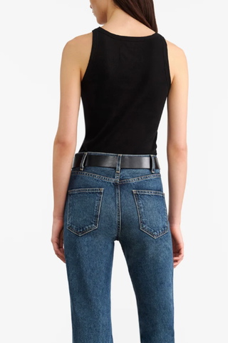 back profile model wearing Jennifer Tank Black cotton Slim fit rib tank