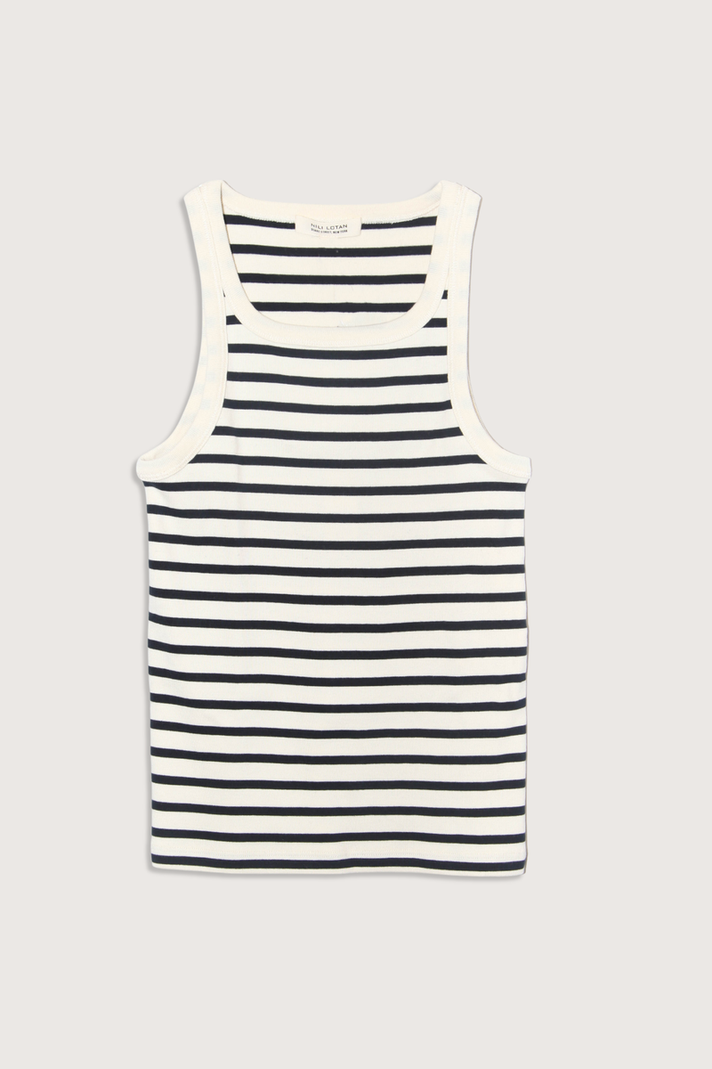 flat lay Jennifer Tank Stripe ecru black stripe cotton Slim fit rib tank
Bra friendly crew neck