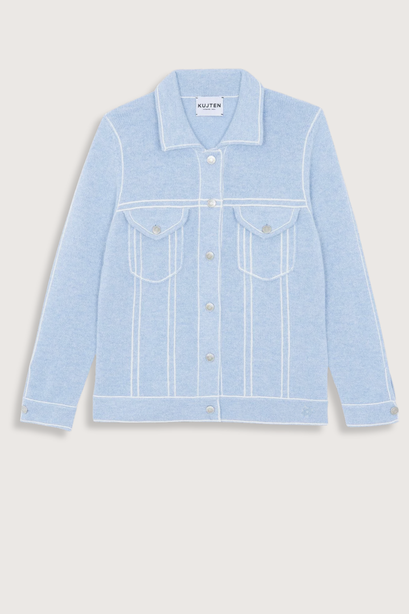 flat lay Jill Cashmere Jacket Jeans light blue 
Short cut
Long Sleeve
Composition: 100% cashmere
4-threads plain jersey knitting