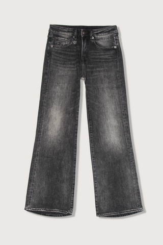 flat lay Joan Kick Flare Jean Kenet Black relaxed fit vintage dark wash 