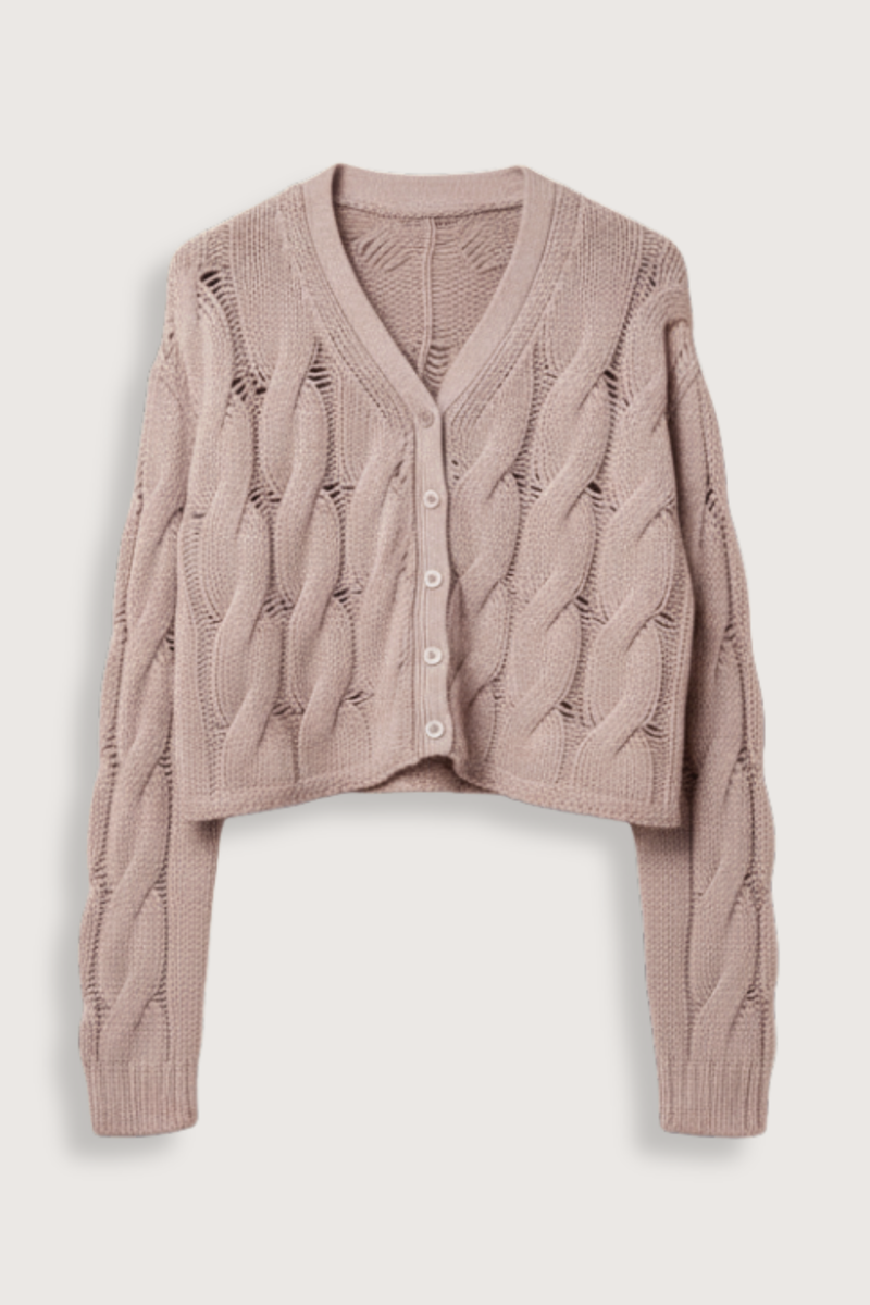 flat lay Jolie V-Neck Cropped Cable Cardigan lunar Cable knit cardigan
Cropped fit
5 button up
100% Cashmere