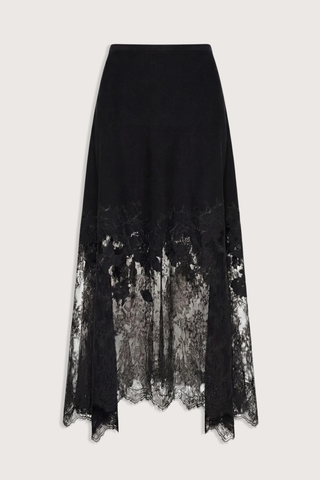 flat lay Josina Lace Midi Skirt noir black 100% merino wool
Pull on style
Midi length
Fitted at waist, draped skirt
Floral and lace embroidery