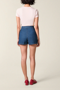 back profile model wearing Joss Denim Short blue