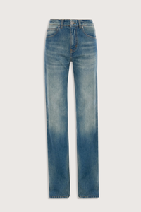 flat lay Julia Stretch Straight Leg Jean worn blue mid wash cotton
High waisted
5 pocket styling
Leather patch
Belt loops
Button fly
Tobacco topstitching details
Branded hardware