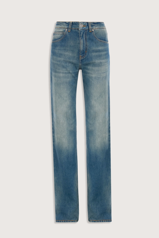 flat lay Julia Stretch Straight Leg Jean worn blue mid wash cotton
High waisted
5 pocket styling
Leather patch
Belt loops
Button fly
Tobacco topstitching details
Branded hardware