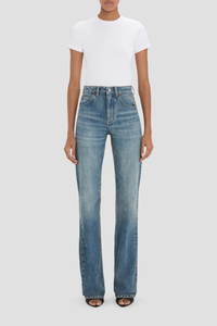 front profile model wearing Julia Stretch Straight Leg Jean worn blue mid wash cotton
High waisted
5 pocket styling
Leather patch
Belt loops
Button fly
Tobacco topstitching details
Branded hardware