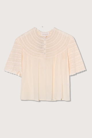 flat lay Karina cotton Top white swan Delicate lace paneling Scalloped edges Soft gathers