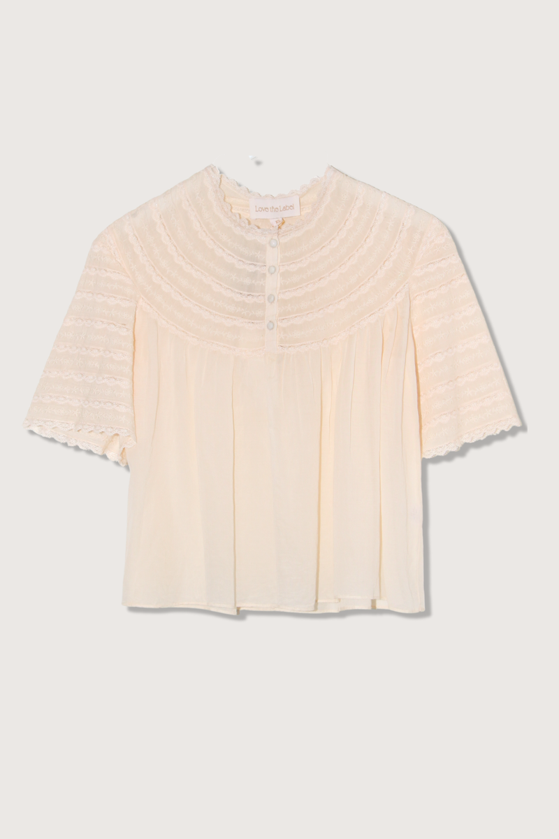 flat lay Karina cotton Top white swan Delicate lace paneling Scalloped edges Soft gathers