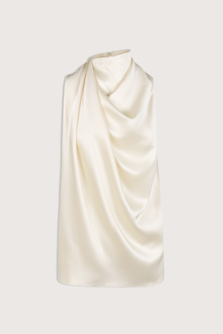 flat lay Kate Sleeveless Button Back Top ivory Twisted and draped sleeveless top
Double-face silk satin fabric
Cowl mock neck
Flows into a twisted shoulder on the right side
Wraps around the neck silk