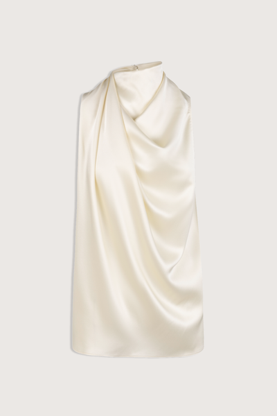 flat lay Kate Sleeveless Button Back Top ivory Twisted and draped sleeveless top
Double-face silk satin fabric
Cowl mock neck
Flows into a twisted shoulder on the right side
Wraps around the neck silk