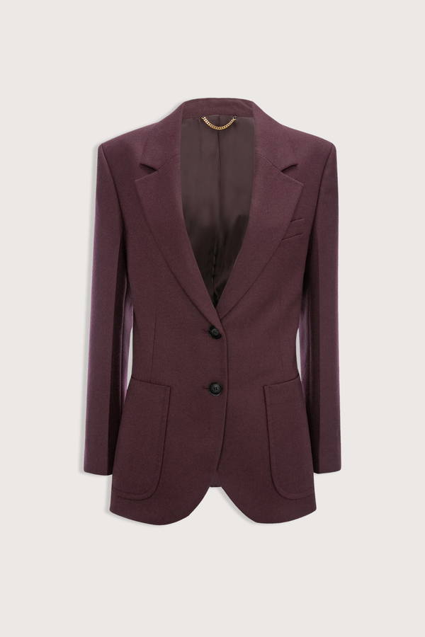 flat lay Katherine Flannel Jacket acai red Compact flannel
Refined, modern silhouette
Single breasted and regular shoulder
Tailored collar and lapel with under melton detail
Patch pockets
Hip length
100% Virgin Wool