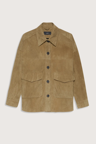 flat lay Kaylee Lamb Suede Shirt Jacket Olive Designed for a relaxed, slightly oversized fit  front button closure two front flap pockets