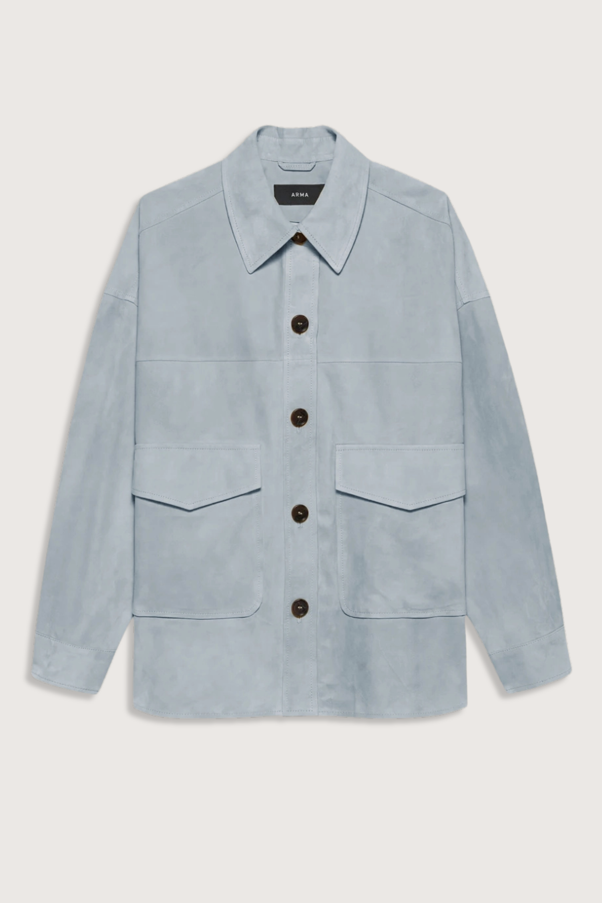 flat lay Kaylee Lamb Suede Shirt Jacket Vintage Blue Designed for a relaxed, slightly oversized fit 5 front button closure two flap front pockets