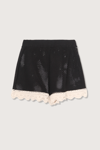 flat lay Kendall Crochet Short black Elastic Waist
White crochet trim detail
Semi sheer