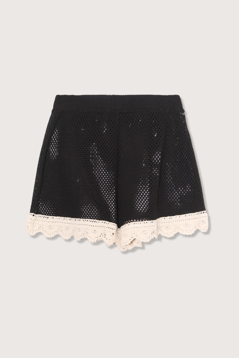 flat lay Kendall Crochet Short black Elastic Waist
White crochet trim detail
Semi sheer