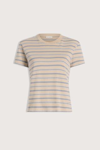 flat lay Kenzie Stripe Short Sleeve T-Shirt Almond Stripe
Handmade custom stripe
Relaxed boxy fit
Subtle cropped length
Roomy sleeves
Slight taper at waist
Shifted side seams give tailored look
Solid knit binding at neckline
Features contrast Kallmeyer embroidery at hem
100% Cotton