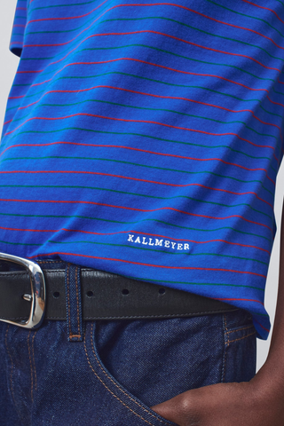 close up stripe and logo embroidery detail of  Kenzie Stripe Short Sleeve T-Shirt Cobalt blue
Relaxed boxy crop
crewneck
Features contrast Kallmeyer embroidery at hem
100% Cotton