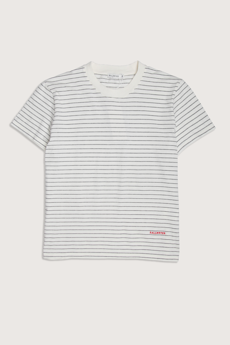 flat lay Kenzie Stripe Short Sleeve T-Shirt Ivory/Heather cotton Short sleeve
Handmade custom stripe
Relaxed boxy fit
Subtle cropped length
Roomy sleeves
Slight taper at waist