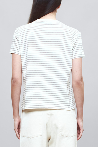 back profile model wearing  Kenzie Stripe Short Sleeve T-Shirt Ivory/Heather cotton Short sleeve
Handmade custom stripe
Relaxed boxy fit
Subtle cropped length
Roomy sleeves
Slight taper at waist
