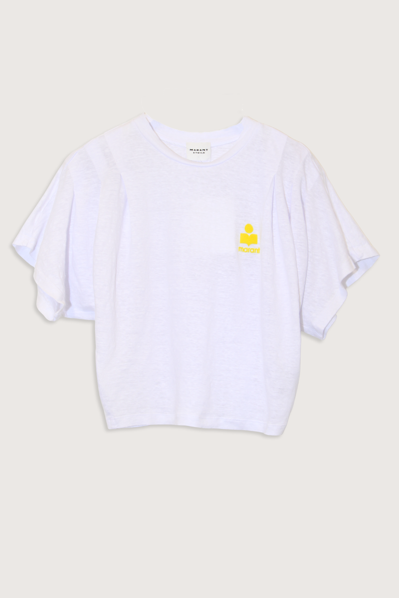 flat lay Kyanzae Linen Tee With Yellow Logo Round neckline
Ribbed finishes
Short sleeves
Relaxed fit