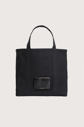 front profile L.L.Bean X Lutz Morris M Tote Bag black A collaboration with L.L.Bean &amp; Lutz Morris
Classic Boat and Tote in monochrome black
Outer pocket embossed and hand-painted calf leather to resemble lizzard with 24k gold-plated stainless steel hardware
Heavyweight canvas
Reinforced handles
Double-stitched seams

crafted in Maine, one tote at a time
Medium
Capacity: Approx. 1,008 cu. in., 17 L
Dimensions: 12"H x 13"W x 6"D
Handles: Regular 6"